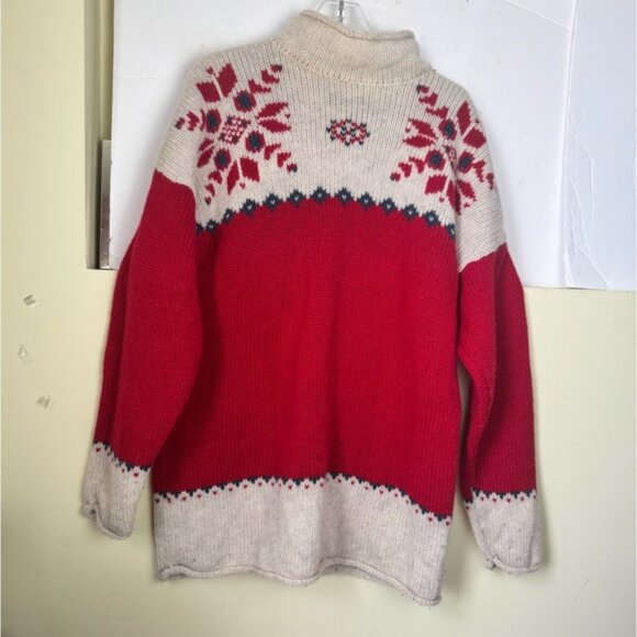 Eddie Bauer Vintage 90s Nordic Wool Heavy Knit Sweater Red Tan Hi Funnel Neck L - Picture 3 of 16